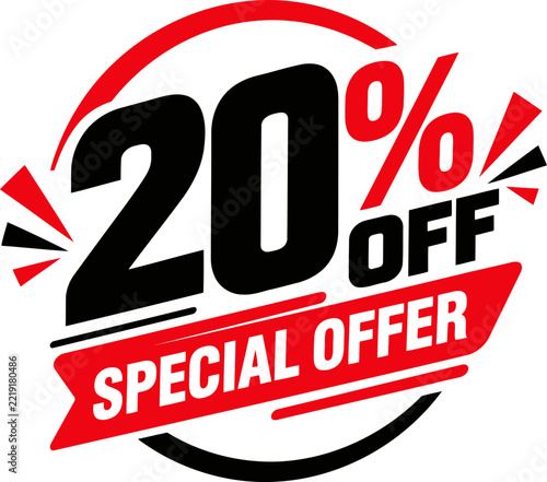 Twenty percent off special offer promotional typography vector badge, red and black discount sale label graphic.