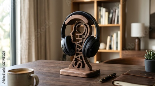 Black wireless headphones resting on a custom wooden stand with name