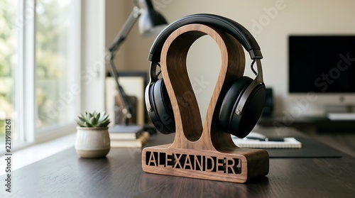 Modern black wireless headphones resting on a custom wooden stand