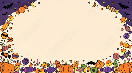 Happy Halloween Candy Banner with Colorful Sweets and Pumpkins