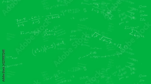 Animation of glowing mathematical equations handwritten in white floating in hypnotic motion