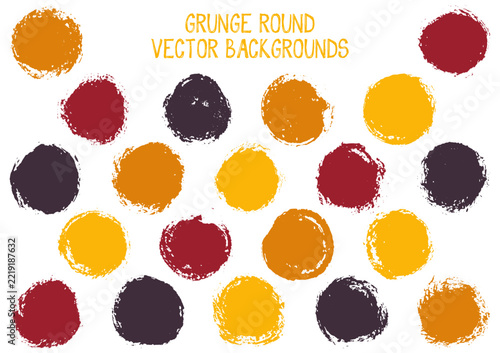 Vector grunge circles isolated. Retro stamp texture circle scratched label backgrounds. Circular tag icon, chalk logo shape, round button elements. Grunge round shape banner backgrounds set.