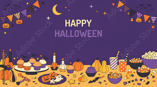 Happy Halloween Party Table Banner with Treats and Decorations