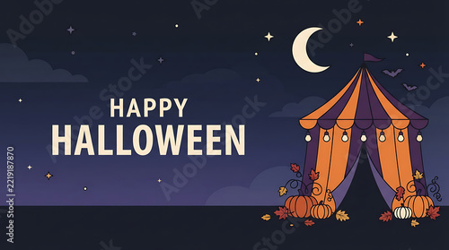 Happy Halloween Carnival Tent Banner with Pumpkins and Night Lights
