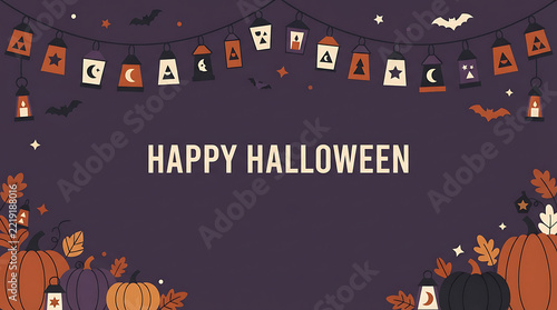 Happy Halloween Lantern Garland Banner with Pumpkins and Bats