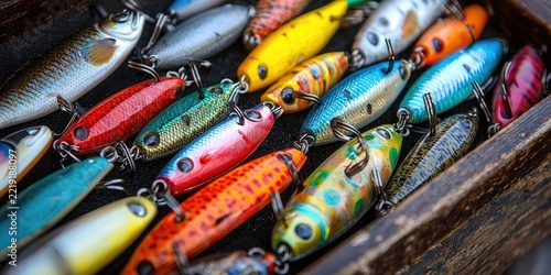 Open tackle box filled with various colorful fishing lures arranged in separate compartments. Generative by AI.