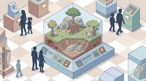 Isometric museum display featuring a pangolin in its habitat.