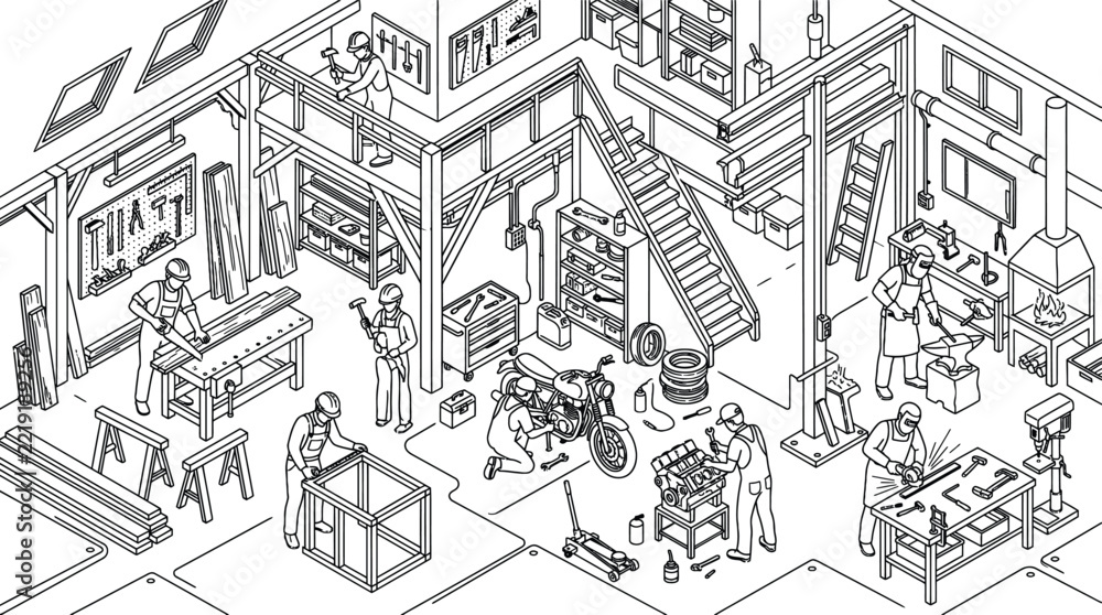 Obraz premium Industrial workshop isometric line art, busy garage interior with craftsmen and mechanics, professional maker space vector illustration