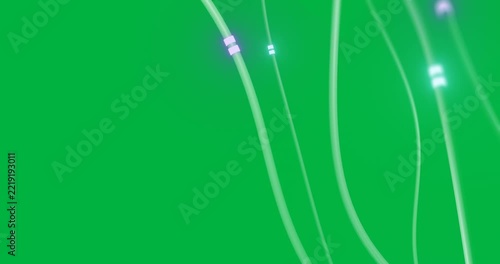 Animation of glowing lights travelling over data transfer cables on transparent background