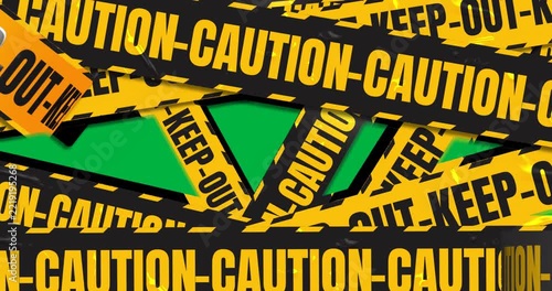 After transparent frame, caution tape strips alternating labels sliding forming barrier sliding out