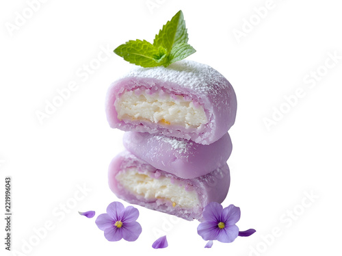 Purple mochi dessert with cream filling isolated on transparent