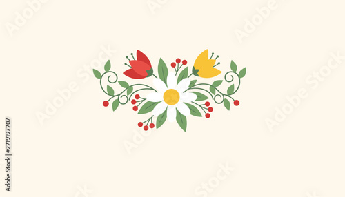 Elegant symmetrical floral arrangement featuring white daisies, red and yellow tulips, green leaves, and red berries on a cream background.