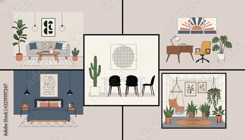 Collage of four different stylish home interior designs including a living room, home office, bedroom, and plant-filled dining area.