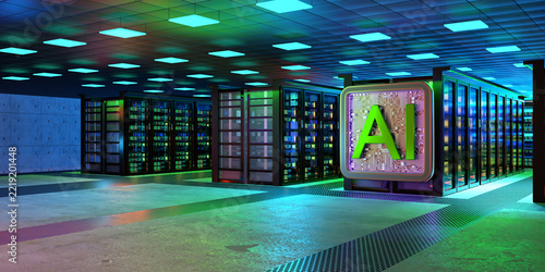 Data center, AI computing servers operate in a high-tech facility for artificial intelligence, cloud processing and digital infrastructure, 3D image.