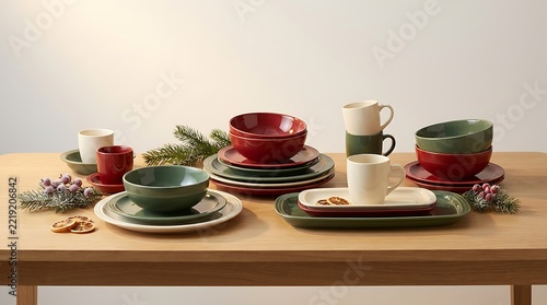 Set of colorful ceramic plates and bowls with cups on a wooden table for festive dining.festive foodware
