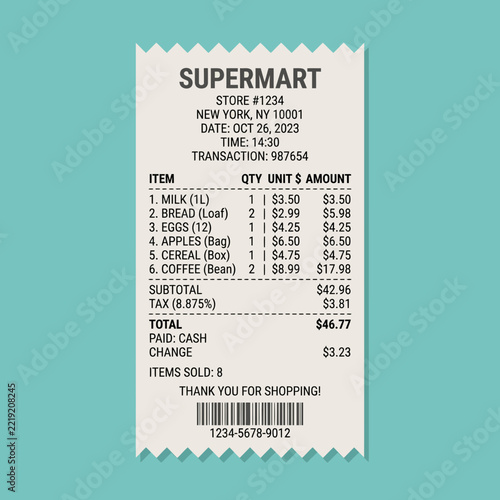 Grocery store receipt showing purchased items and prices.