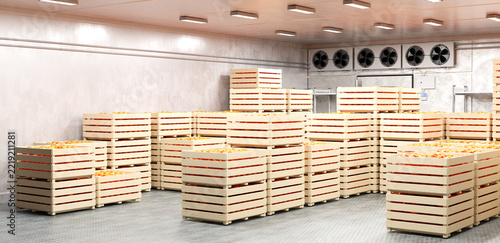 Cold warehouse, wooden crates with apples are stored in a refrigerated room for fresh produce preservation, food logistics and storage, 3D image.