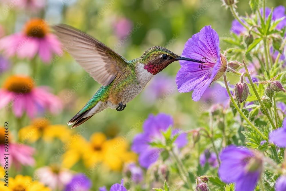 Fototapeta premium Hummingbird feeding on purple flower in meadow garden, close wildlife scene for birdwatching and botanical enthusiasts