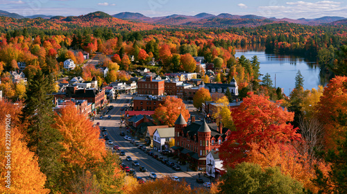 a small town nestled amidst a dense forest during autumn. The town features a mix of traditional and modern architecture, including brick buildings with pointed roofs and ornate spires.