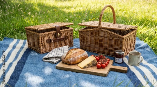 Rustic picnic baskets and fresh food on sunny meadow blanket