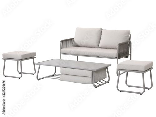 Gray outdoor patio furniture set with loveseat sofa coffee table and two ottomans isolated on white background