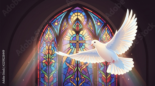 White dove flies in front of colorful stained glass window