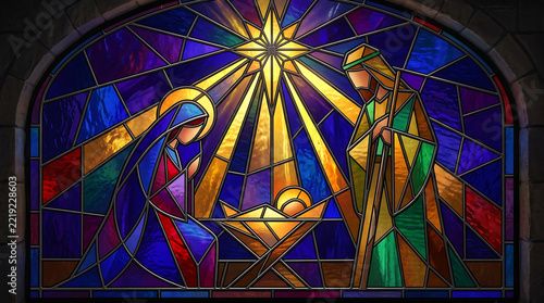 Nativity scene depicts the holy family in a vibrant stained glass window design