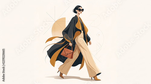 Stylish fashion woman walking in trench coat with sunglasses and handbag vector illustration