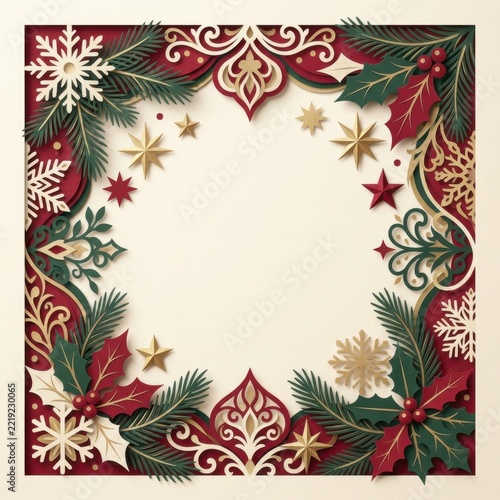 Richly decorated Christmas holiday frame with green pine branches, red ornaments, gold stars, and snowflakes surrounding a cream center.
