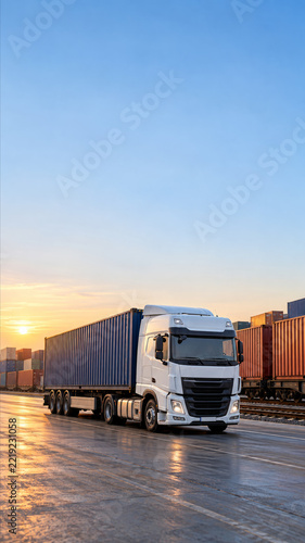 Freight Truck at Container Terminal at Sunrise