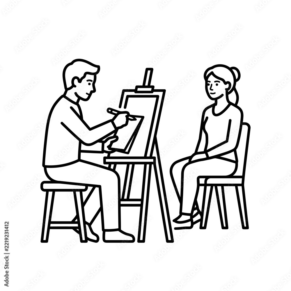 Fototapeta premium Artist sitting on a wooden stool sketches a seated female model using a canvas easel in a minimal line art illustration.