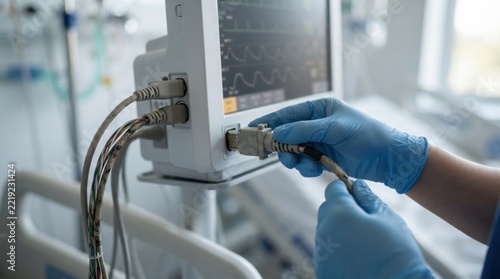 bedside monitor sensor cable inspection Medical professional adjusting cables on a patient monitoring device in a hospital.