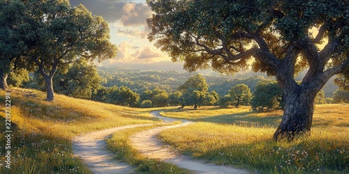 Dirt path curves through wildflower field with scattered trees under bright sky filled with soft clouds. Generative by AI.
