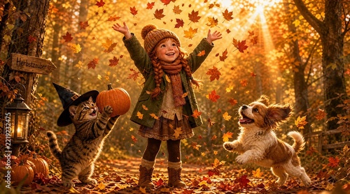 Herbst im Wald - ein Mädchen wirft buntes Laub in die Luft, ein kleiner Hund springt hoch, eine Katze stemmt einen Kürbis in die Höhe.
