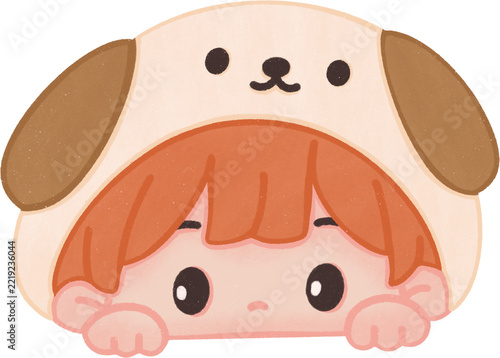 Cute Kid Peeking with Puppy Hat Kawaii Cartoon