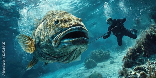 Underwater scene of spearfisher in mask near giant fish swimming over sandy seafloor with rocks and coral. Generative by AI.