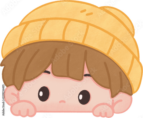 Cute Kid Peeking with Yellow Knit Hat Kawaii Cartoon