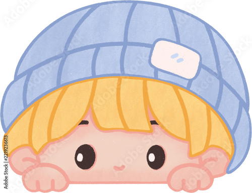 Cute Kid Peeking with Blue Beanie Kawaii Cartoon