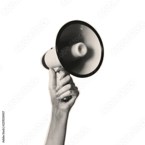 Collage megaphone isolated. Halftone hand holding loudspeaker on white background. Retro pop art element. Vector illustration for sale, announce.