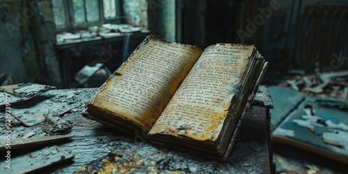 Old decaying book with worn pages sits on dusty table covered in debris, surrounded by old objects in dark interior. Generative by AI.
