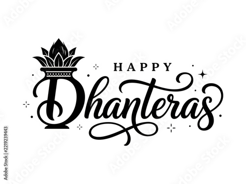 Happy dhanteras calligraphy text with traditional kalash pot icon isolated on white background