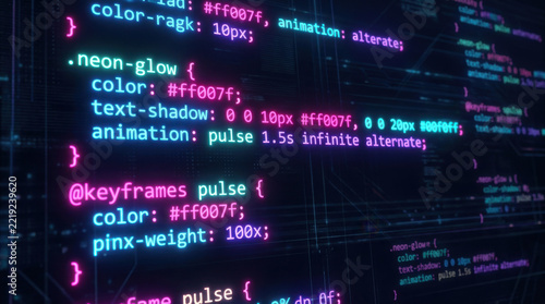 Neon glowing css code snippet for web development and programming interface design element