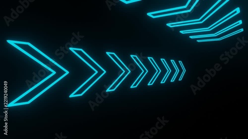 Neon cyan arrow chevrons lighting up one by one in a sequential glow animation on black background