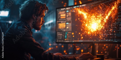 Person at workstation with multiple monitors displaying simulated space explosion in digital environment. Generative by AI.