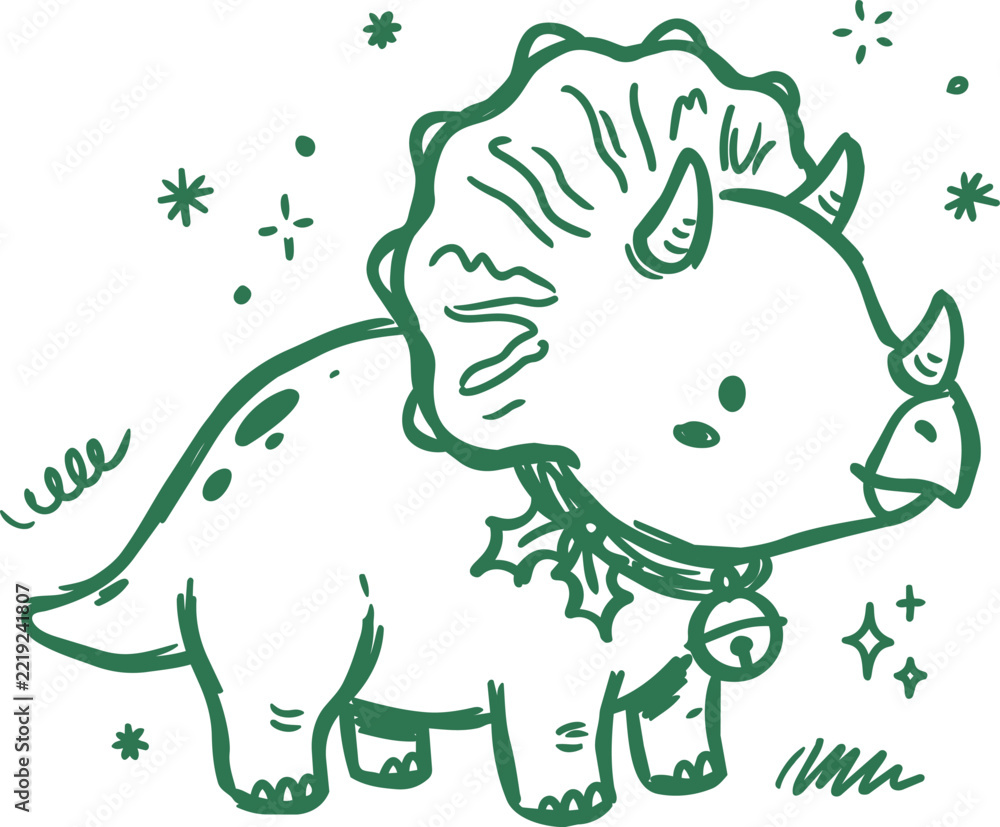Fototapeta premium Cute triceratops with holiday bell necklace