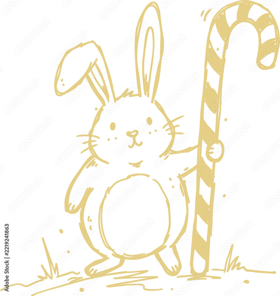 Fototapeta premium Cute hand drawn bunny holding striped candy cane single subject vector