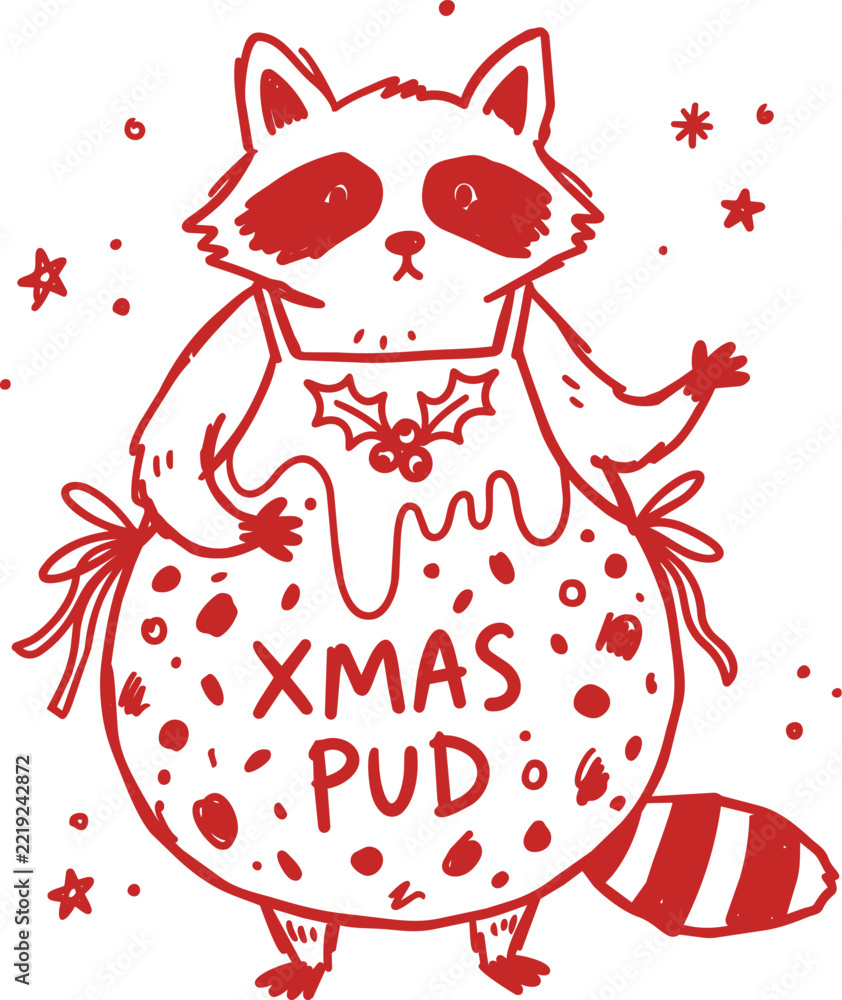 Fototapeta premium Hand drawn raccoon with xmas pud holiday apron