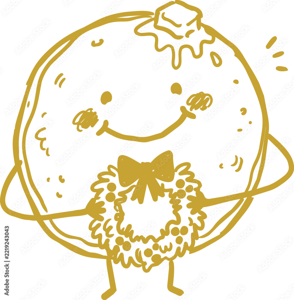 Fototapeta premium Hand drawn illustration smiling pancake character holding holiday wreath with butter topping