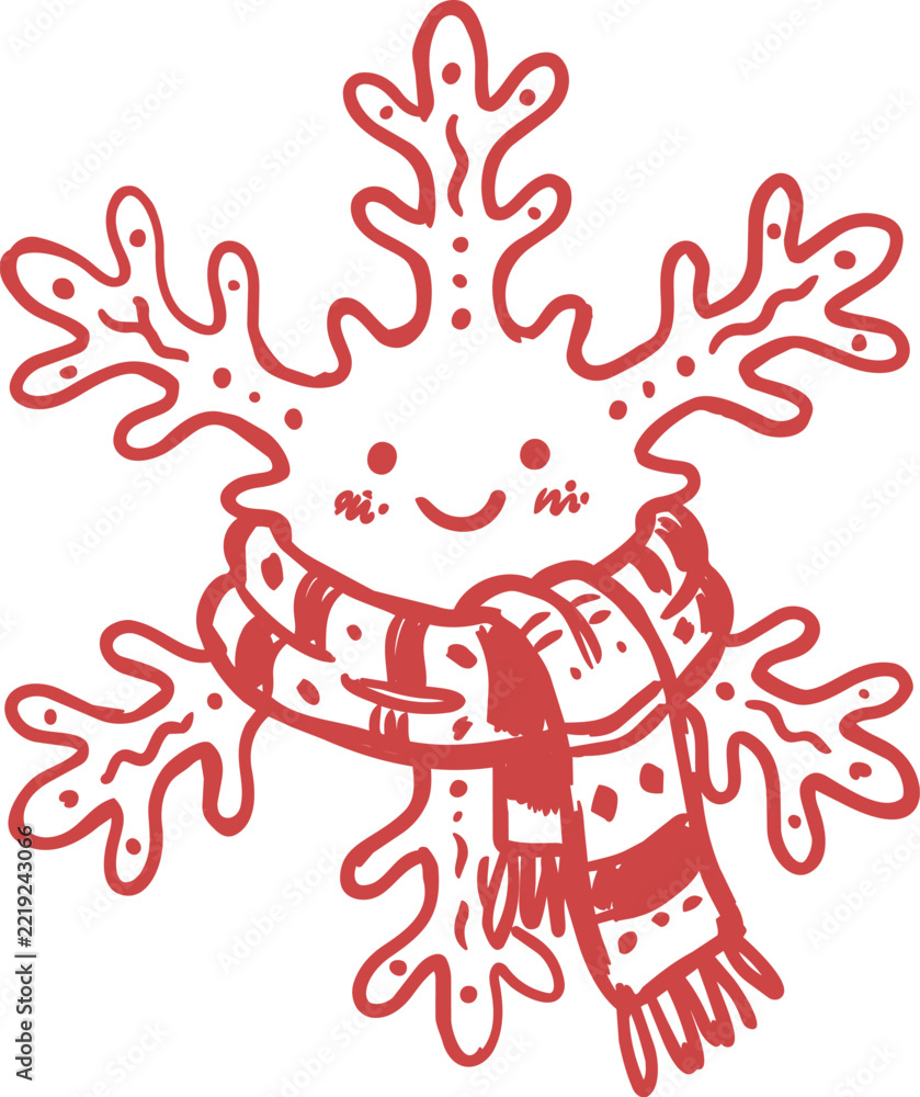 Fototapeta premium Cute red naive style snowflake with scarf illustration