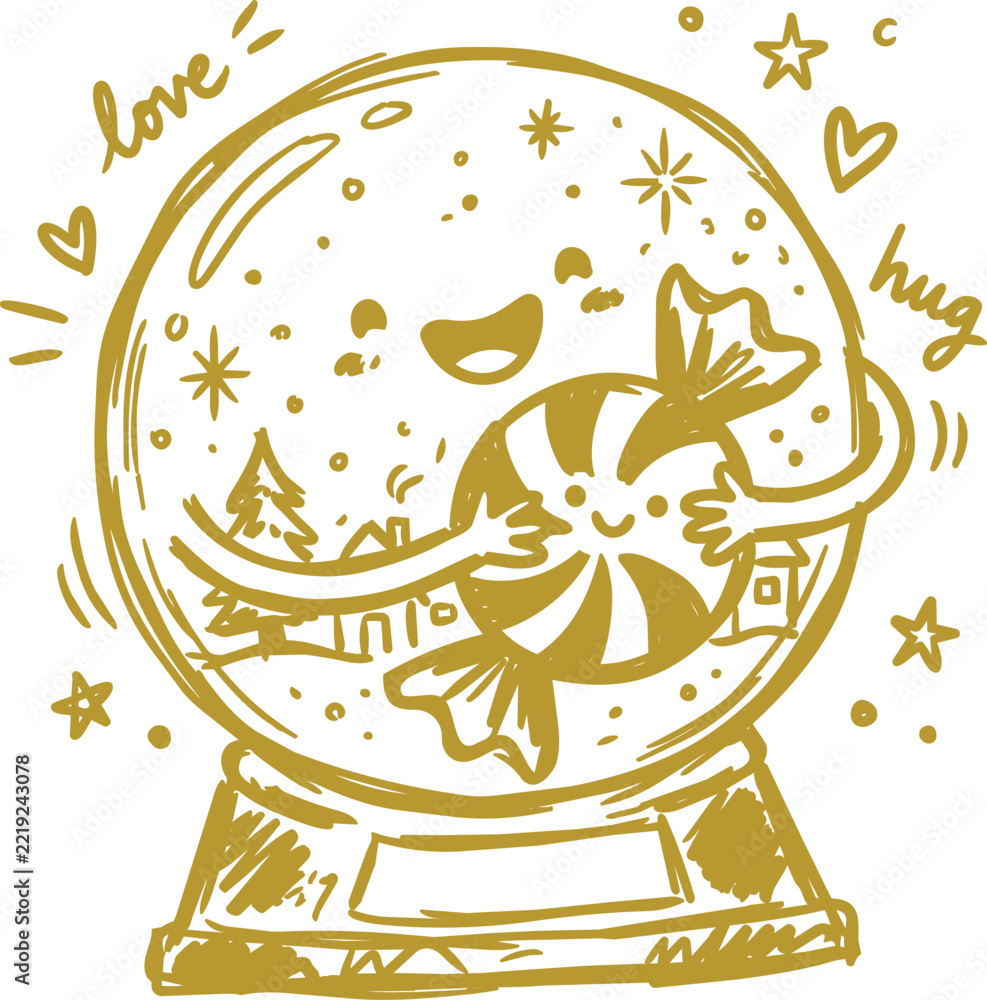 Fototapeta premium Smiling snow globe hugging round candy with love and hug text